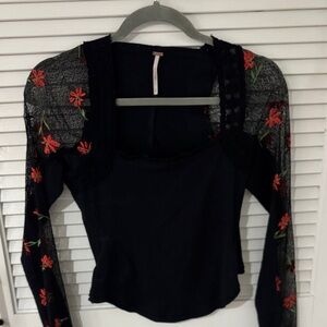 Free People Black Lace Top with Red Floral Accents